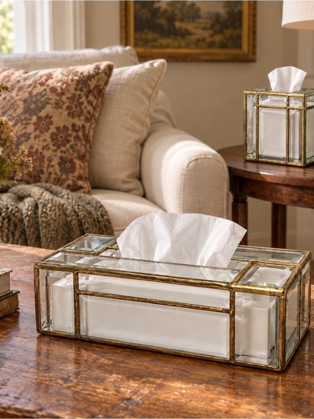 Brass-Trim Glass Rectangular Tissue Box Cover in White
